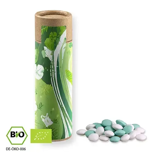 Bio Mint Schokolinsen 30g in Papprolle inklusive Druck auf dem Etikett als Giveaway mit Logo
