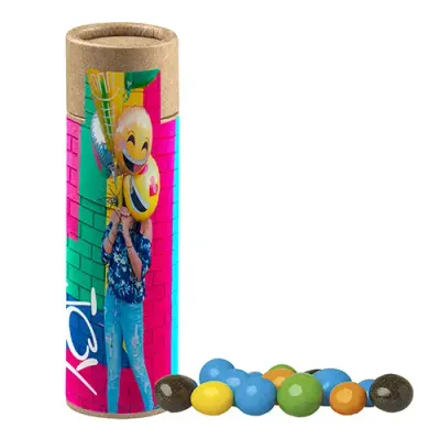 Bunte Schoko Erdnüsse 25g in Papprolle Bunte Schoko Erdnüsse 25g in Papprolle inklusive Druck auf dem Etikett als originelles Giveaway mit Logo