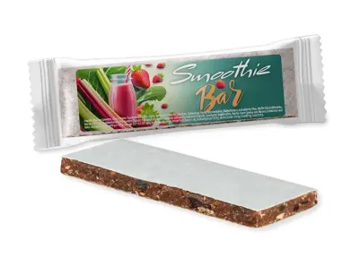 Smoothie-Riegel Rhabarber Erdbeere 32g Smoothie-Riegel Rhabarber Erdbeere 32g inklusive Druck auf dem Etikett als Giveaway mit Logo