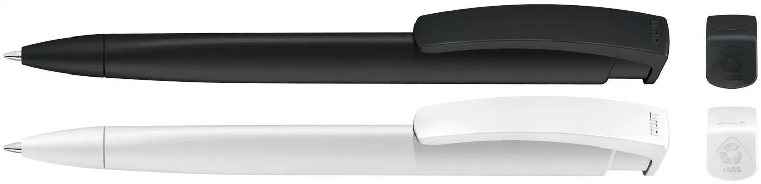 Kugelschreiber TRINITY RECY in schwarz oder weiß mit Druck als Giveaway für Firmen