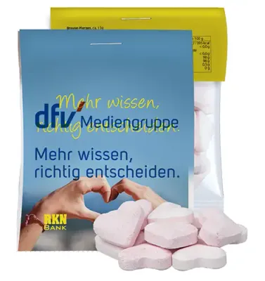 Brause Herzen Mix - Erdbeere und Wildkirsche 15g in Tüte mit Werbekarte inklusive Druck als Giveaway mit Logo auf Events 