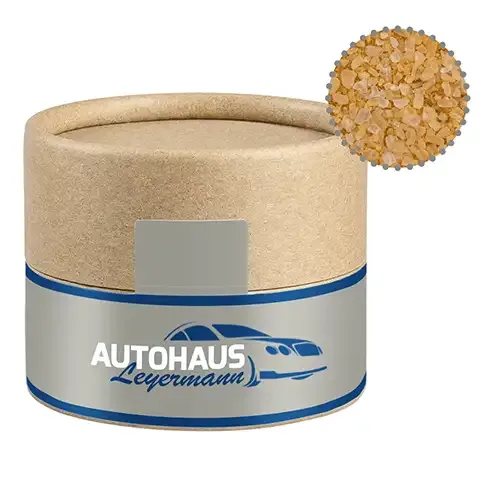 Rauchsalz ca. 75g in Pappdose mit Digitaldruck auf dem Etikett als originelles Werbemittel mit Logo