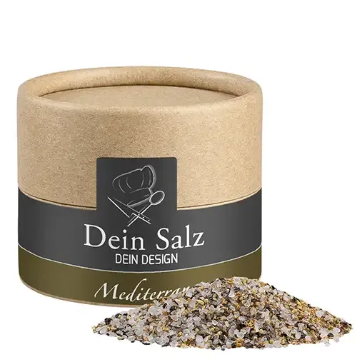 Mediterranes Salz ca. 50g in Pappdose inklusive Digitaldruck auf dem Etikett als originelles Werbemittel mit Logo 