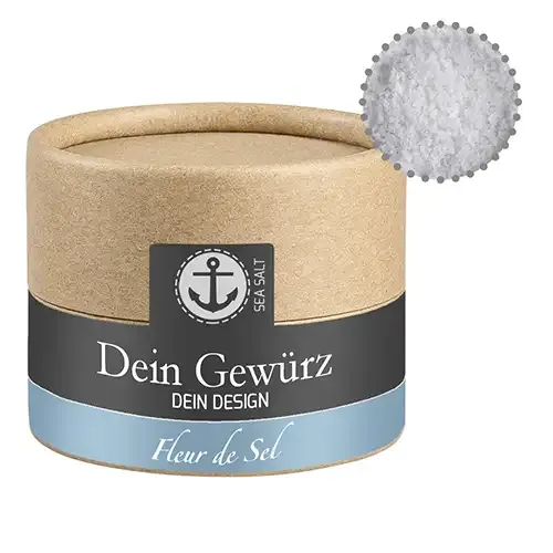 Fleur de Sel ca. 40g in Pappdose inklusive Digitaldruck auf dem Etikett als hochwertiges Werbegeschenk mit Logodruck
