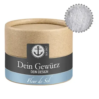 Fleur de Sel ca. 40g Fleur de Sel ca. 40g in Pappdose inklusive Digitaldruck auf dem Etikett als hochwertiges Werbegeschenk mit Logodruck