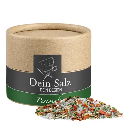 Pestosalz ca. 40g in Pappdose inklusive Digitaldruck auf dem Etikett als hochwertiger Werbeartikel mit Logodruck