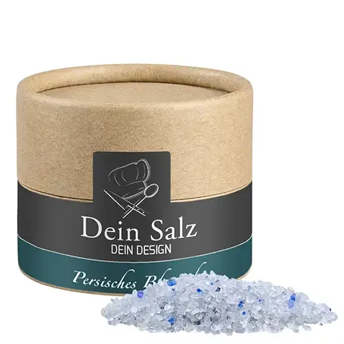 Persisches blaues Saphirsalz ca. 55g in Pappdose inklusive Digitaldruck auf Etikett als hochwertiger Werbeartikel mit Logo