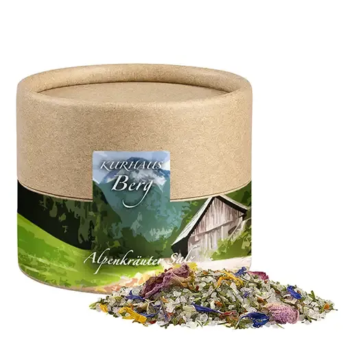 Alpenkräuter Salz ca. 50g in Pappdose inklusive Digitaldruck auf dem Etikett als originelles Werbemittel mit Logo