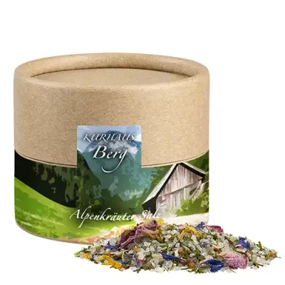 Alpenkräuter Salz ca. 50g in Pappdose inklusive Digitaldruck auf dem Etikett als originelles Werbemittel mit Logo