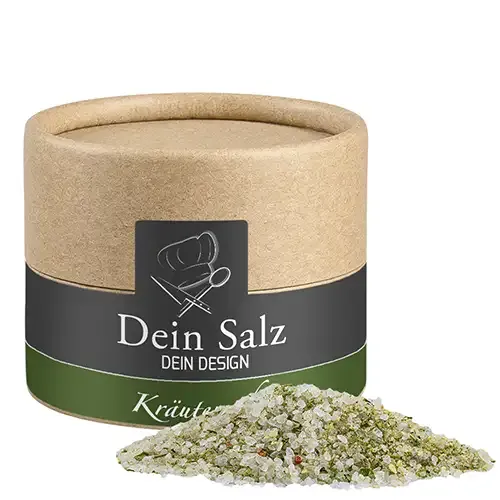 Kräutersalz ca. 55g in Pappdose inklusive Digitaldruck auf dem Etikett als hochwertiges Werbegeschenk mit Logo