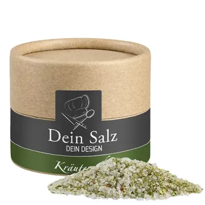 Kräutersalz ca. 55g in Pappdose inklusive Digitaldruck auf dem Etikett als hochwertiges Werbegeschenk mit Logo