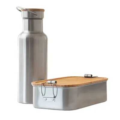 Lunch Set mit Brotdose und Trinkflasche aus Edelstahl mit deinem Design als Werbegeschenk mit Logo für Unternehmen
