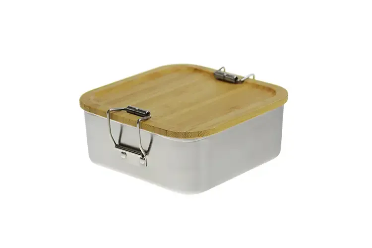 Sandwich Brotdose aus Edelstahl mit Bambusdeckel und deinem Design als Werbegeschenk mit Loogo