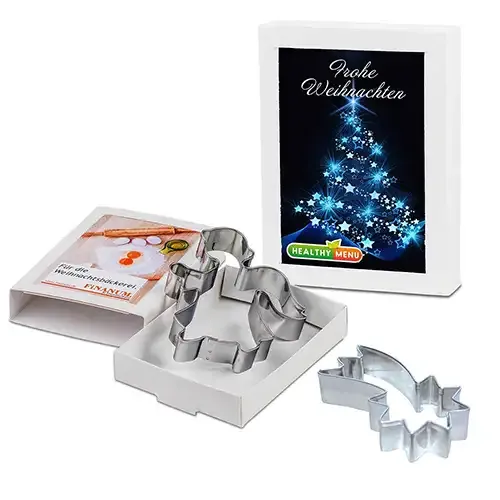 Ausstechform in Slide-Box inklusive Druck auf der Verpackung als Weihnachtsgeschenk und Werbeartikel mit Logo