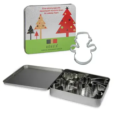 Weihnachtsbox Ausstechform inklusive Druck auf dem Deckel der Verpackung als Werbegeschenk mit Logo für Weihnachten
