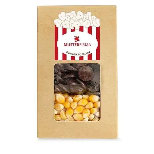 Snack box DIY Schoko-Popcorn zum Selbermachen inklusive Druck auf dem Etikett als Werbeartikel mit Logo