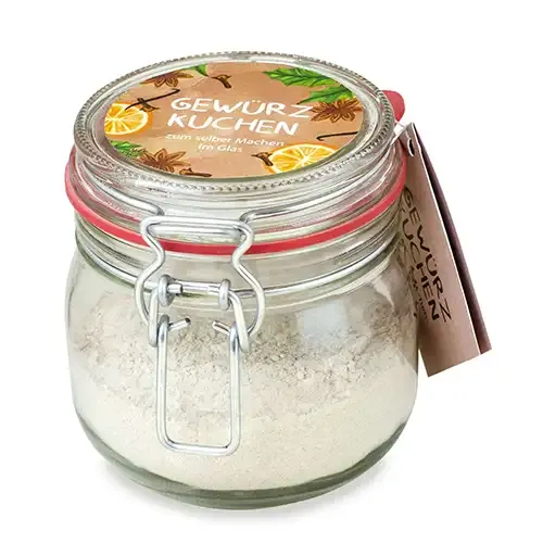 200 g Backmischung für Gewürzkuchen, verpackt im Bügelglas mit Klebeetikett inklusive Digitaldruck als Werbeartikel mit Logo