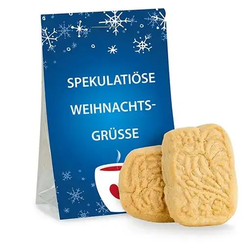 Naschtasche Mini-Spekulatius inklusive Digitaldruck auf der Werbekarte als weihnachtliches Werbegeschenk mit Logo