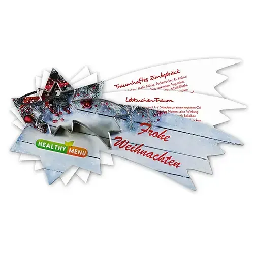 Backförmchen mit Rezeptblock Komet mit Durck auf dem Rezeptblock als Giveaway mit Logo für Weihnachten