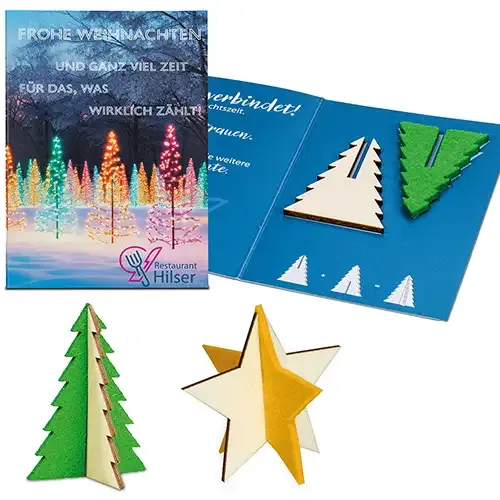 Steckfiguren-Karte Mini - Weihnachtsgrußkarte mit Steckfigur Stern oder Weihnachtsbaum inklusive Druck auf der Karte 