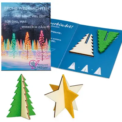 Steckfiguren-Karte Mini - Weihnachtsgrußkarte mit Steckfigur Stern oder Weihnachtsbaum inklusive Druck auf der Karte 