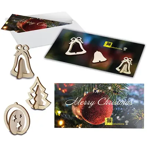 Holzpuzzle-Karte Weihnachten inklusive Druck auf der Karte als Weihnachts-Giveaway mit Logo
