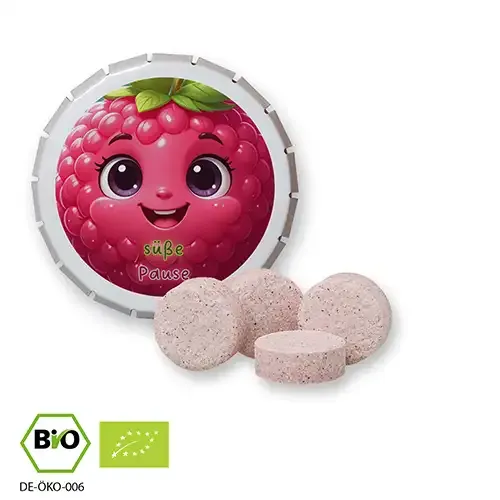 Bio-Himbeer-Drops vegan in Klick-Klack-Dose mit Druck als Werbeartikel