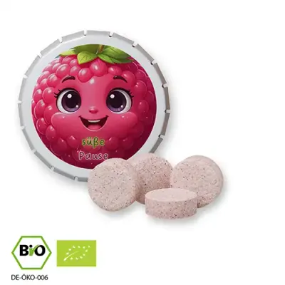 Bio-Himbeer-Drops vegan in Klick-Klack-Dose mit Druck als Werbeartikel