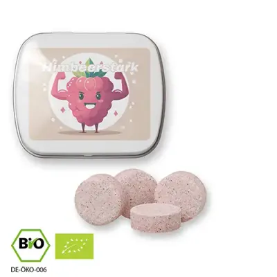 Bio-Himbeer-Drops vegan in Klappdose mit Druck - Werbemittel
