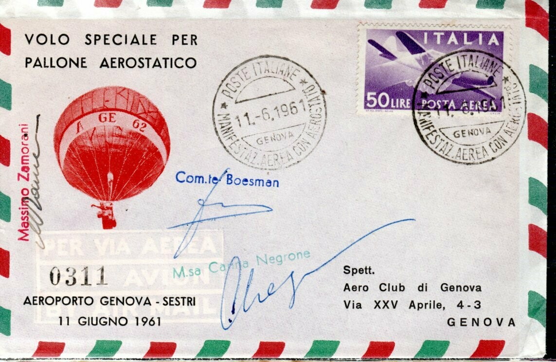 Lettre Vol spécial par Montgolfière Italie 1961