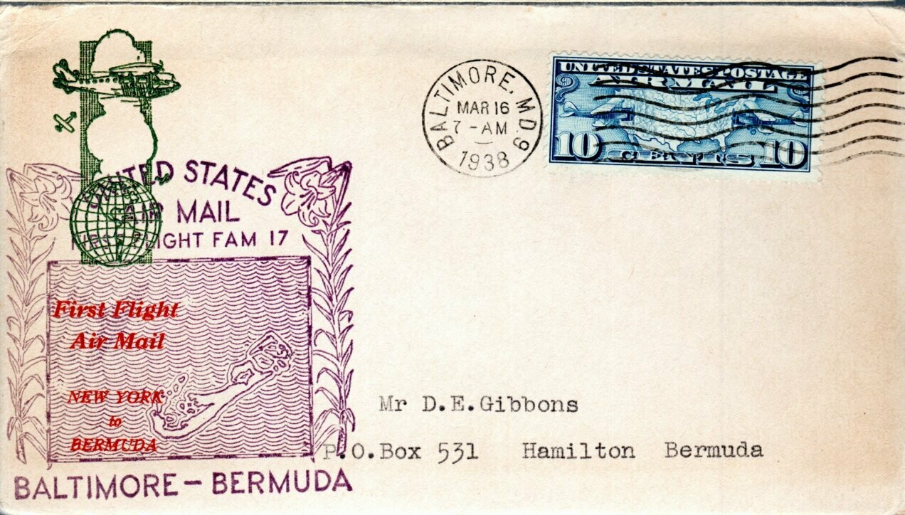 Lettre 1er vol Usa 1938 - Baltimore aux Bermudes -