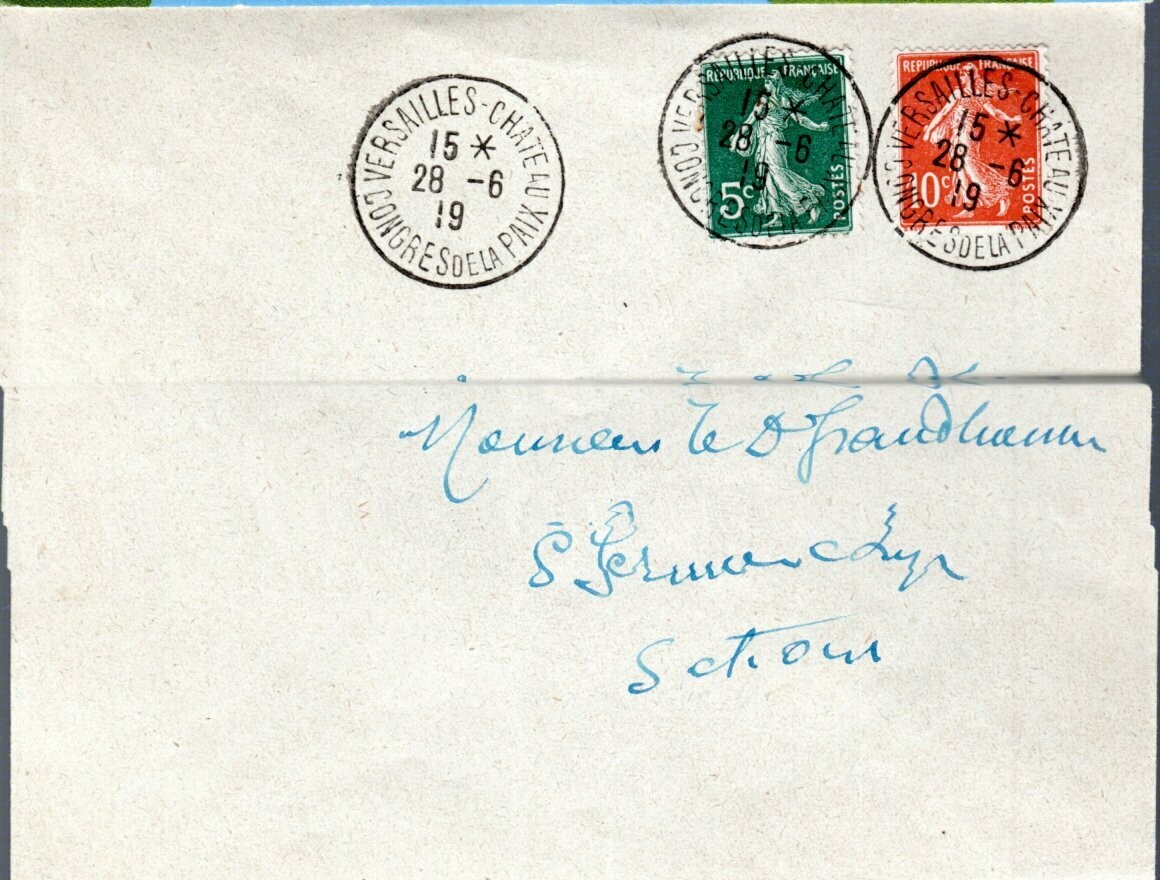 Lettre France 1919 - Congrès de la Paix au Château de Versailles -