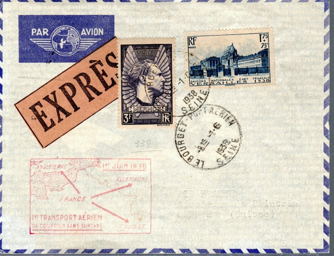 Lettre de poste aérienne France 1939 - 1er service aérien sans surtaxes -