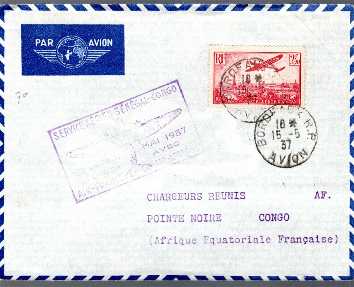 Lettre 1er vol France 1937 - Service aérien Sénégal au Congo -