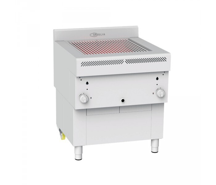 Gresilva horizontal fixed gas grill on base with manual water feed. Grilling area of 588mm x 618mm