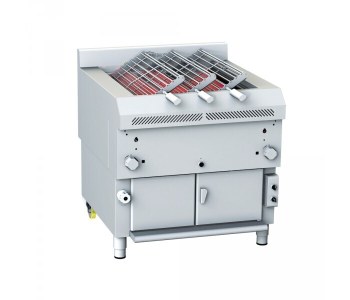 Gresilva Horizontal 3 Position Compact Rotisserie Gas Grill on base with auto fill water bath feed