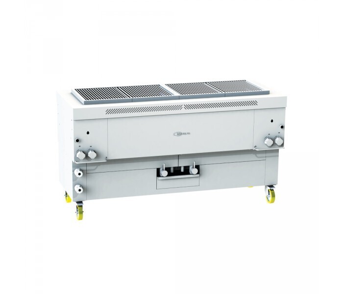 Gresilva horizontal fixed mega gas grill on base with auto fill water feed. Grilling area of 1496mm x 478mm