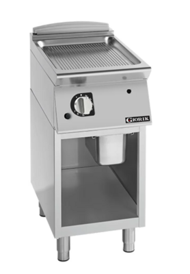 Giorik 900 Series 400mm wide Ribbed Satin Chrome Electric Frytop on Open Base