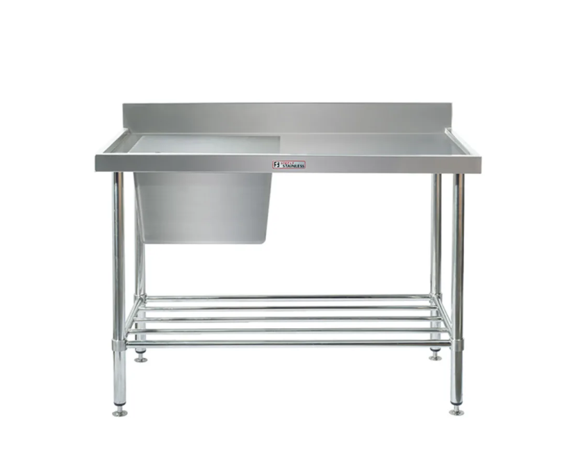 Simply Stainless Left Bowl Sink Bench with Splashback SS05 600 Series 1500mm Wide Includes Tube Leg Brace