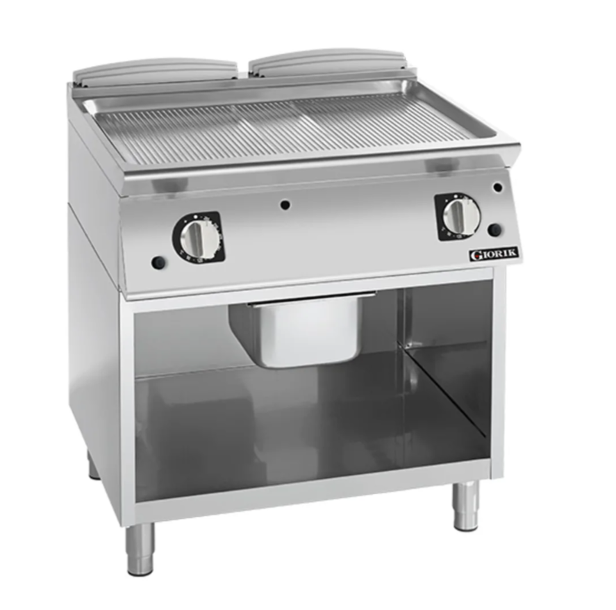 Giorik 900 Series 800mm wide Ribbed Satin Chrome Electric Frytop on Open Base