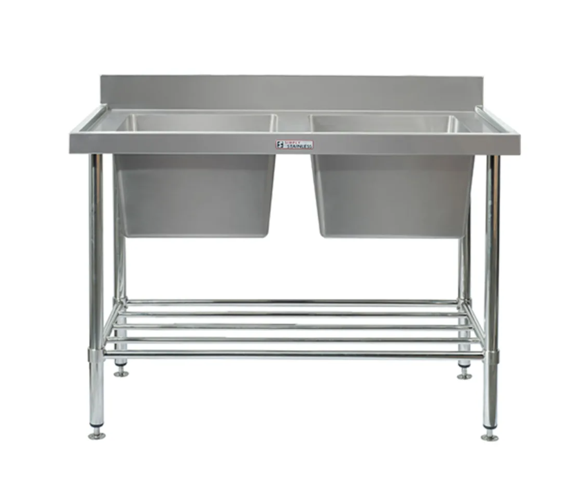 Simply Stainless Double Sink Bench with Splashback SS06 600 Series 2400mm Wide Includes Tube Leg Brace