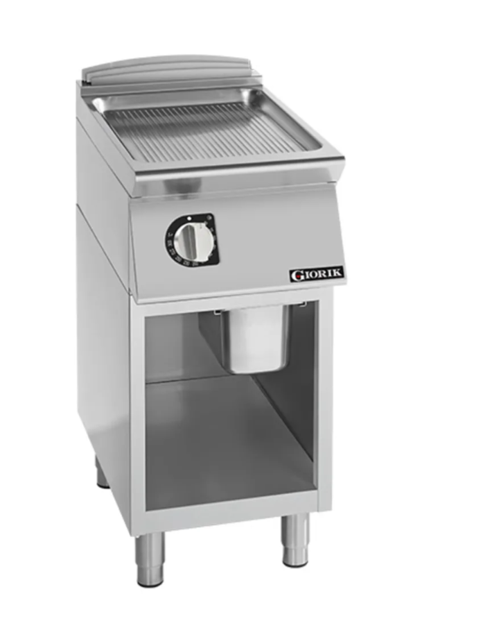 Giorik 900 Series 400mm wide Ribbed Mild Steel Gas Frytop on Open Base