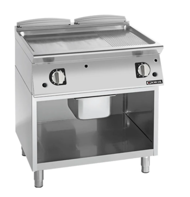 Giorik 900 Series 800mm wide Half Ribbed Half Smooth Satin Chrome Electric Frytop on Open Base