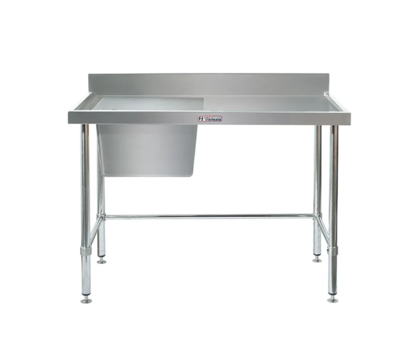 Simply Stainless Left Bowl Sink Bench with Splashback SS05 600 Series 1200mm Wide Includes Tube Undershelf