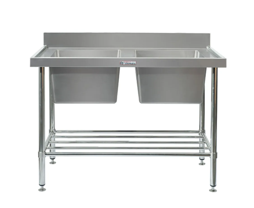 Simply Stainless Double Sink Bench with Splashback SS06 700 Series 2400mm Wide Includes Tube Leg Brace