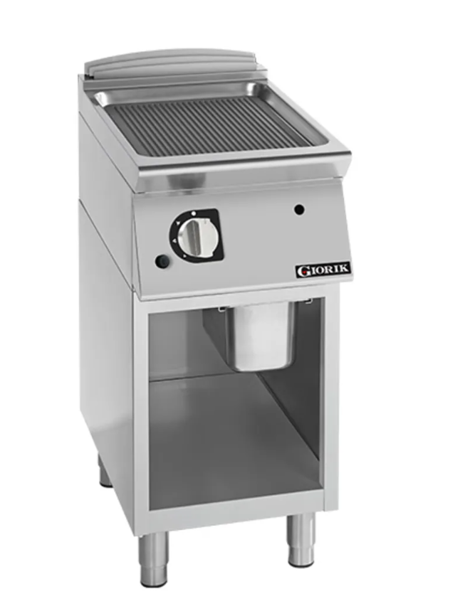 Giorik 900 Series 400mm wide Ribbed Mild Steel Electric Frytop on Open Base