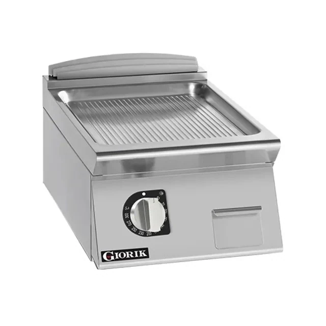 Giorik 700 Series 400mm wide Ribbed Satin Chrome Electric Frytop on Open Base