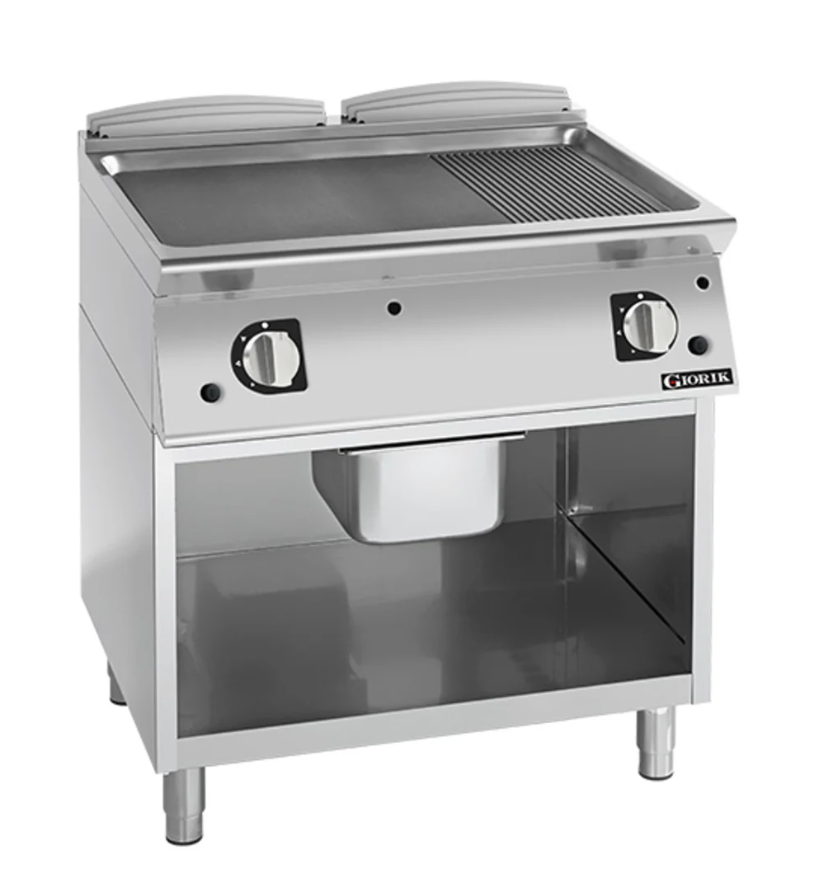 Giorik 900 Series 800mm wide Half Ribbed Half Smooth Mild Steel Electric Frytop on Open Base