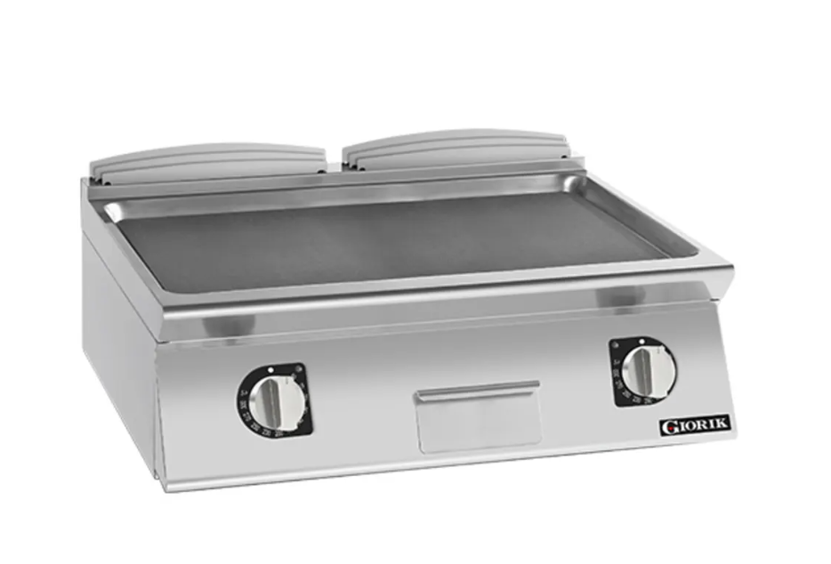 Giorik 900 Series 800mm wide Ribbed Satin Chrome Gas Frytop on Open Base