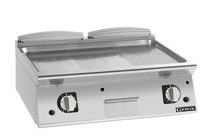 Giorik 900 Series 800mm wide Half Ribbed Half Smooth Satin Chrome Plate Electric Frytop
